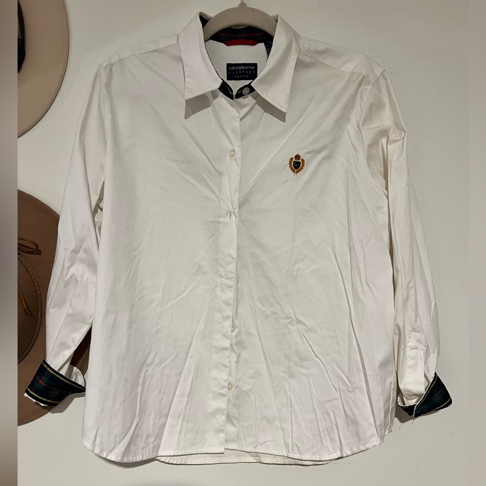 Liz Claiborne White Shirt with Green and Red Plaid Accent